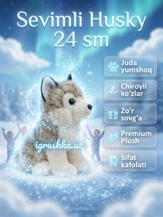 Zak Toys plyush haski, moviy ko‘zli, kulrang-oq - 