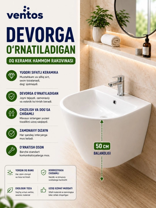 Ventos devorga o‘rnatiladigan oq keramik hammom rakovinasi - 