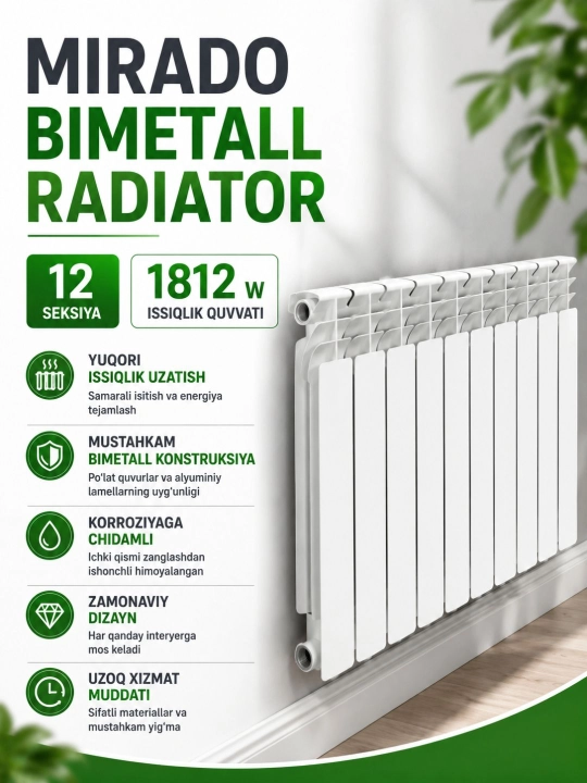 Bimetall isitish radiatori, yuqori issiqlik o‘tkazuvchan - 