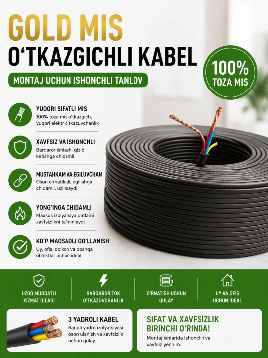 Montaj uchun kabel Gold mis o‘tkazgichli kabel Gold kabel - 