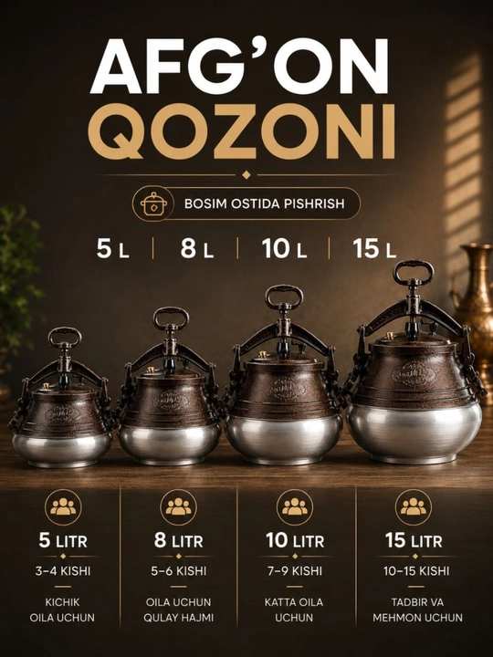 5, 8, 10, 15 litrli afg‘on qozoni, tez qaynatgich, dimlama, sho‘rva va go‘sht uchun qozon