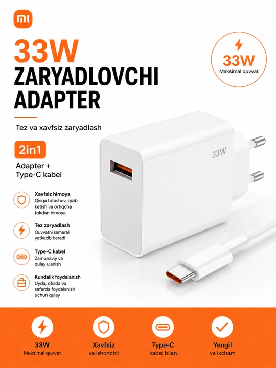 Xiaomi 33W Зарядное устройство USB с кабелем Type-C, комплект 2 в 1