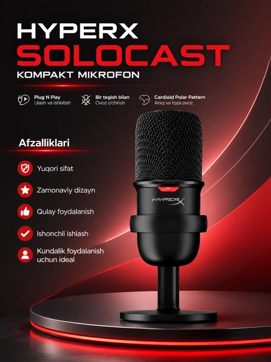 HyperX SoloCast USB kondensatorli mikrofon o‘yinlar, podkastlar va yozuvlarni striming qilish uchun - 