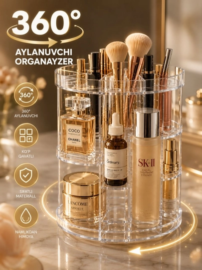 Kosmetika organizer 360° aylanuvchi, katta sig‘imli, shaffof make-up organizer - 