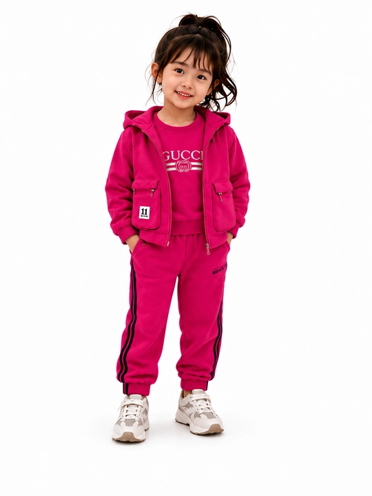 Qizlar uchun 3 qismli sport kostyumi kapyushonli jilet, svitshot va shim, 7–11 yosh - 