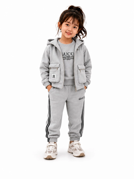 Qizlar uchun 3 qismli sport kostyumi kapyushonli jilet, svitshot va shim, 7–11 yosh - 