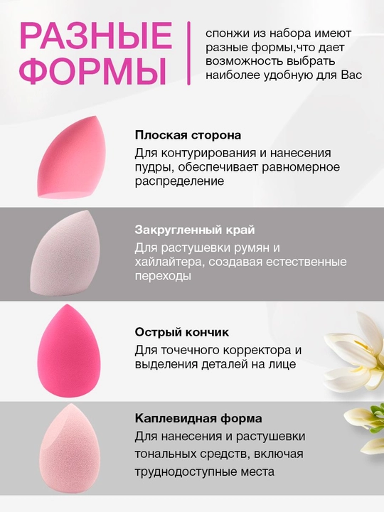 Спонжи для макияжа в футляре, набор 4 шт разной формы, гипоаллергенные