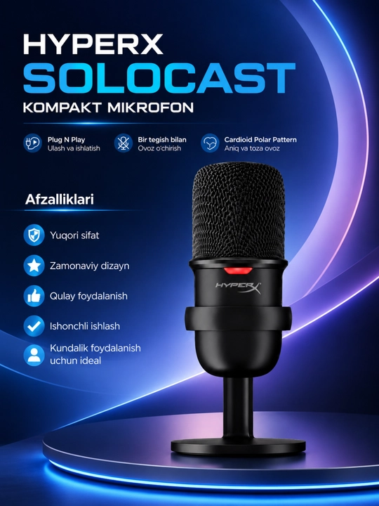 HyperX SoloCast USB Kondensator Mikrofon Streaming Podcast Gaming va Yozuv Uchun - 