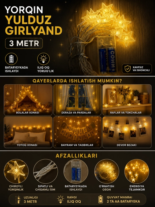 Yulduzcha LED girlyanda — xonangizga iliq va sehrli muhit bag‘ishlaydi