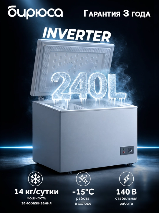 Yopiq qopqoqli muzlatgich Biryusa 260KVS, hajmi 240 litr, invertor kompressor - 