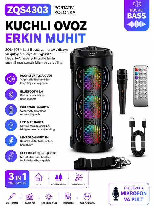 Большая беспроводная колонка Bluetooth, караоке, с RGB подсветкой, с микрофоном и пультом - 