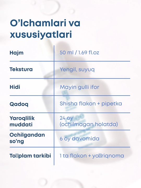Gialuron kislotasi va Ollee peptidlari bilan yuz uchun qarishga qarshi zardob, 50 ml