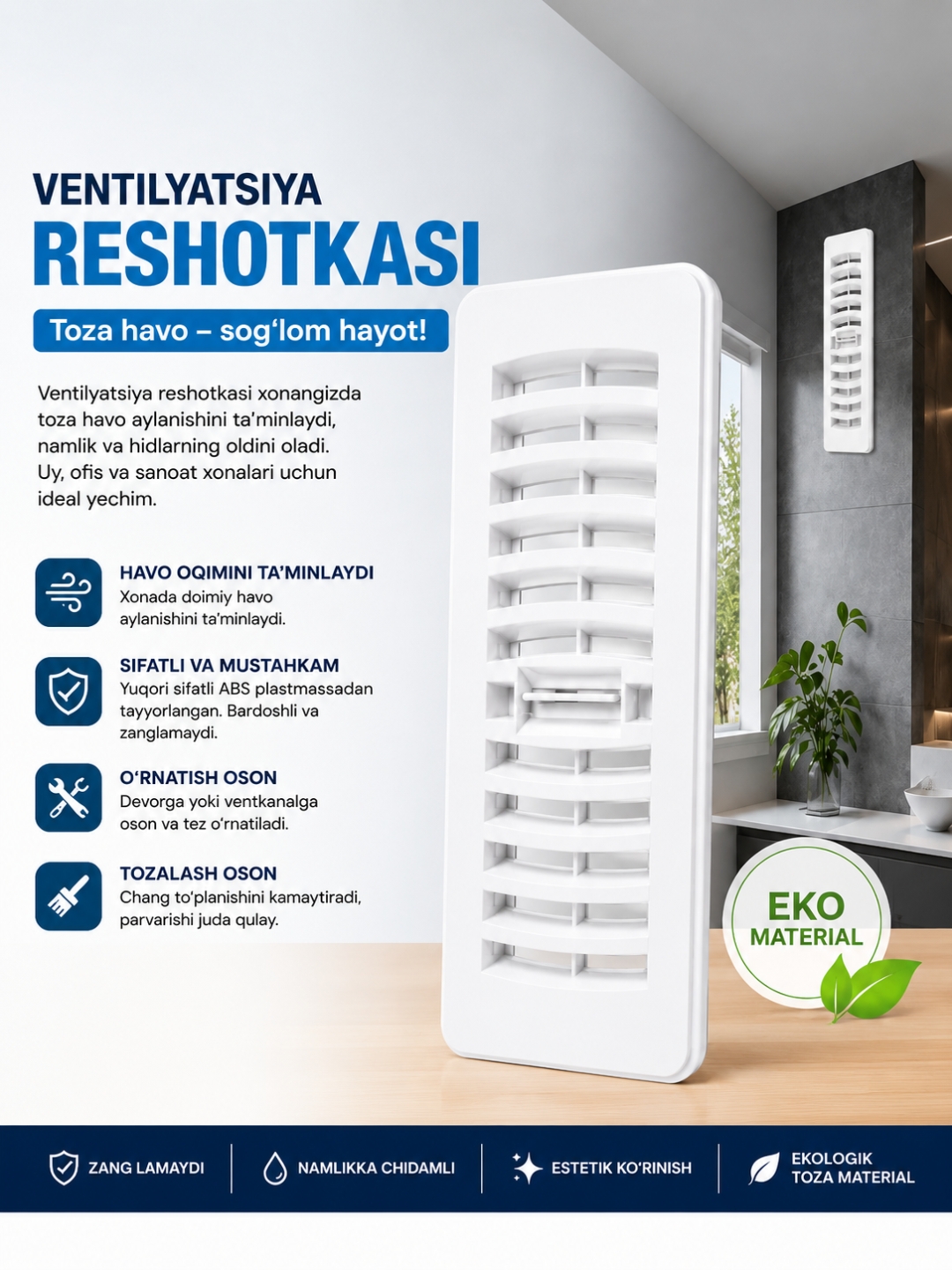Ventilyatsiya reshotkasi  sozlanadigan klapanli, oq ABS plastmassa - 