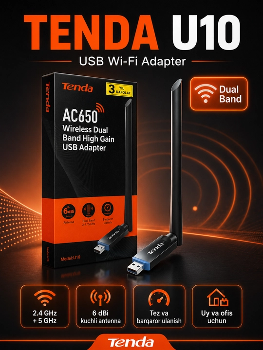 Tenda USB Wi-Fi adapterlar, kompyuter va noutbuk uchun simsiz internet qabul qilgich - 
