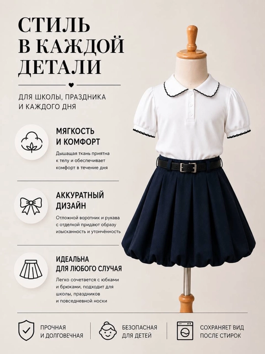 Школьная форма, блузка-поло и юбка с ремнем 7-11 лет, Китай