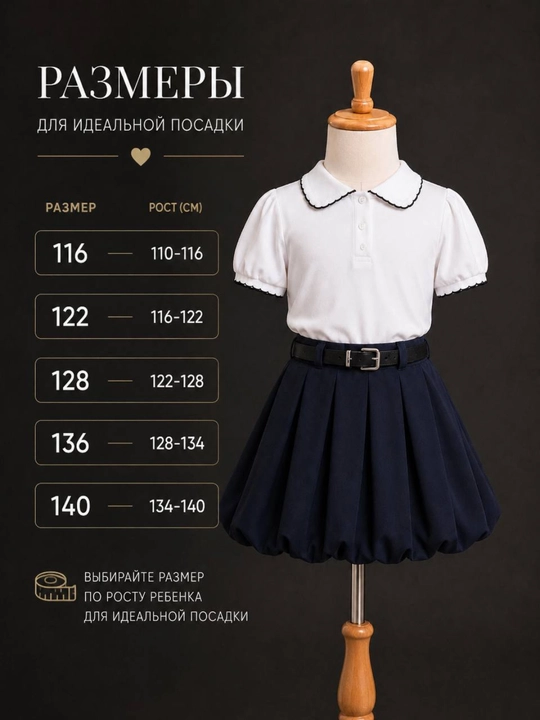Школьная форма, блузка-поло и юбка с ремнем 7-11 лет, Китай