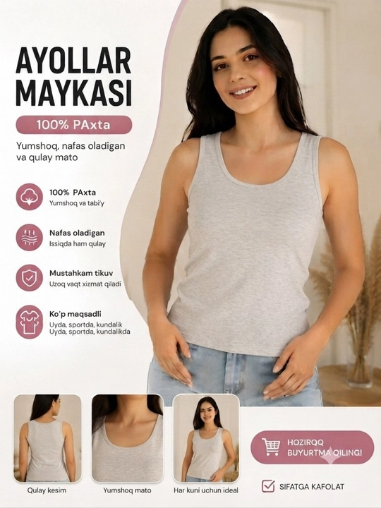 Ayollar maykasi, 100% paxta, oq mayka, asosiy mayka, paxta maykasi