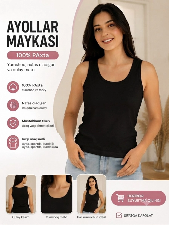 Ayollar maykasi, 100% paxta, oq mayka, asosiy mayka, paxta maykasi - 