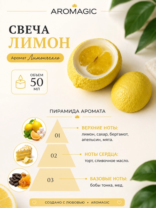 AROMAGIC "Limon" xushbo‘y sham (Limoncello hidi bilan), soya mumi, 50 ml