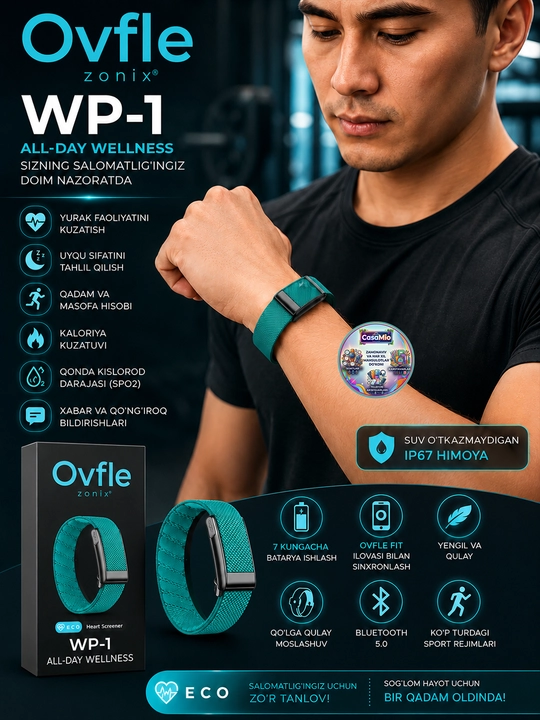 Cмарт-браслет, WP 100+ спортивных режимов, ECG, Bluetooth, IP68, 5ATM
