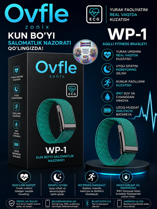 Cмарт-браслет, WP 100+ спортивных режимов, ECG, Bluetooth, IP68, 5ATM