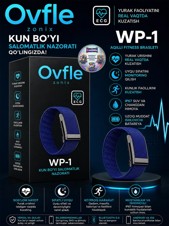 Premium WP smart, fitnes braslet, bilakuzuk 100+ sport rejimi, ECG,Bluetooth, IP 68, 5ATM