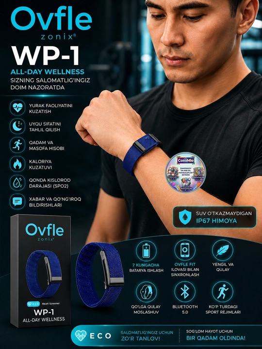 Premium WP smart, fitnes braslet, bilakuzuk 100+ sport rejimi, ECG,Bluetooth, IP 68, 5ATM