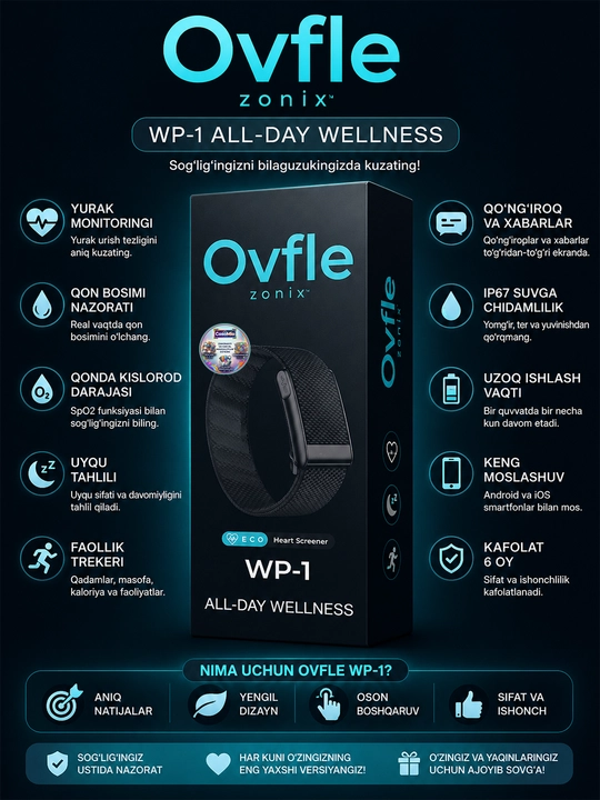Cмарт-браслет, WP 100+ спортивных режимов, ECG, Bluetooth, IP68, 5ATM