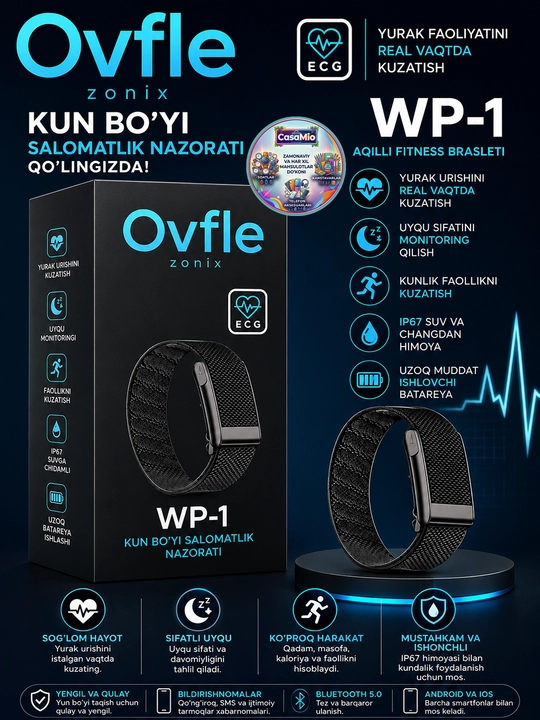 Cмарт-браслет, WP 100+ спортивных режимов, ECG, Bluetooth, IP68, 5ATM