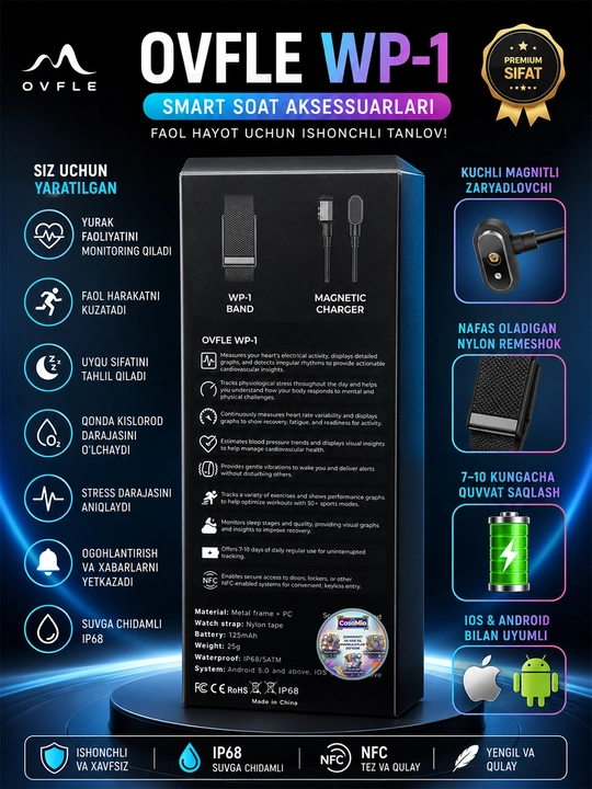 Premium WP smart, fitnes braslet, bilakuzuk 100+ sport rejimi, ECG,Bluetooth, IP 68, 5ATM