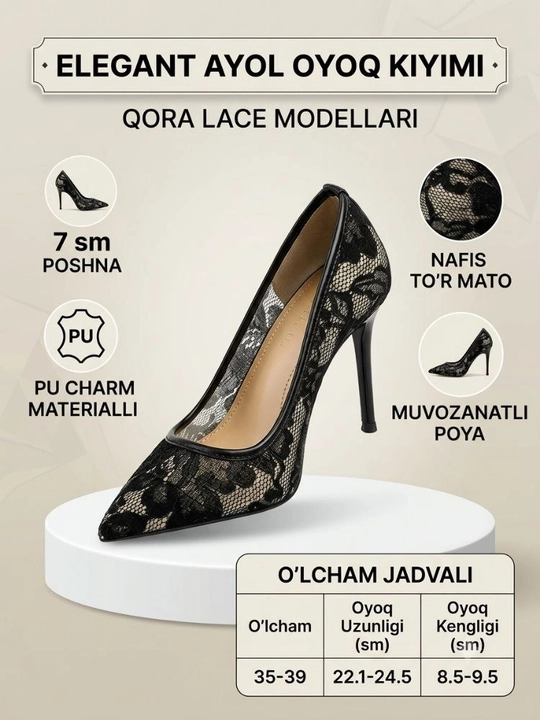 Ayollar uchun nafis qora dantelli, uchli tumshuqli stiletto poshnali klassik tufli