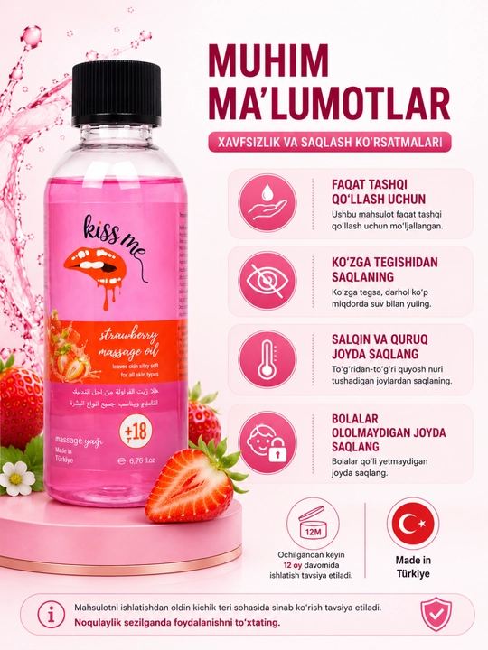 Qulupnay iforli massaj moyi, 200 ml - barcha teri turlari uchun