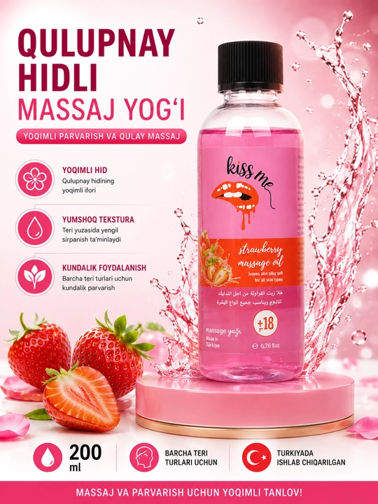 Qulupnay iforli massaj moyi, 200 ml - barcha teri turlari uchun