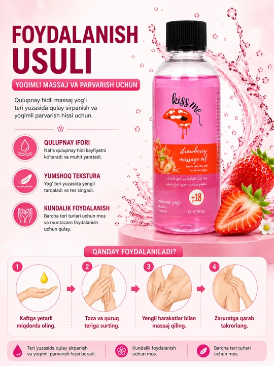 Qulupnay iforli massaj moyi, 200 ml - barcha teri turlari uchun