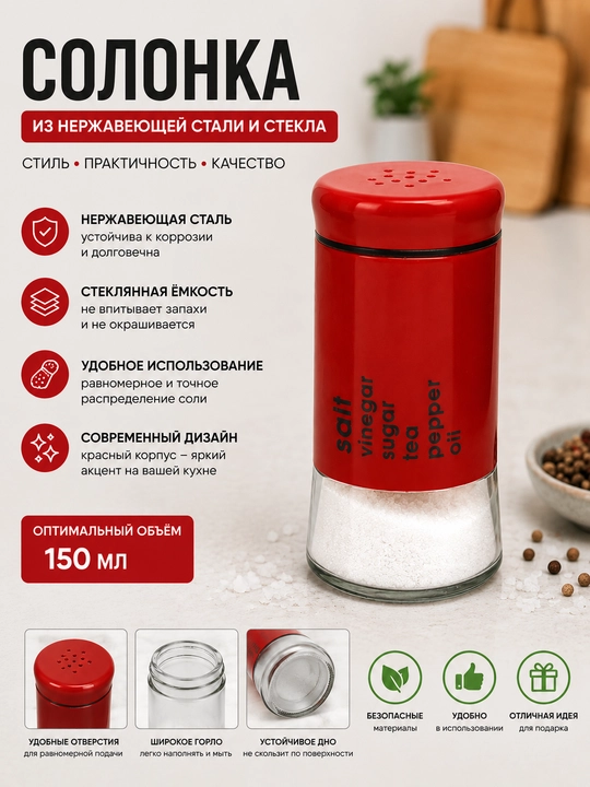 Zanglamaydigan po'lat shisha tuz idishi 150 ml. Oshpaz shaklida - 
