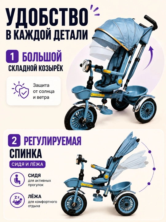 Bolalar velosipedi, uch g'ildirakli velosiped, uch g'ildirakli aravacha, savat bilan