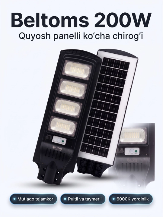 Quyosh panelli ko'cha chirog'i Beltoms 200W 6000K pultli fonar, taymerli simsiz projektori - 