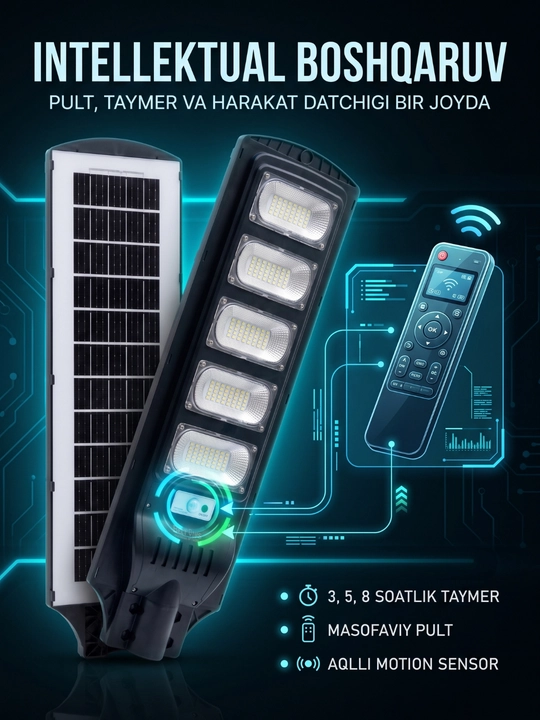 Quyosh panelli ko'cha chirog'i Beltoms 200W 6000K pultli fonar, taymerli simsiz projektori