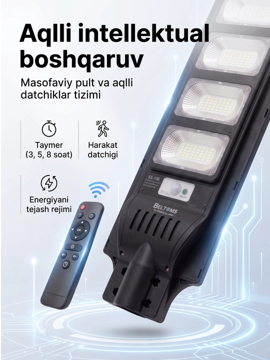 Quyosh panelli ko'cha chirog'i Beltoms 300W 6500K pultli fonar, taymerli simsiz projektori