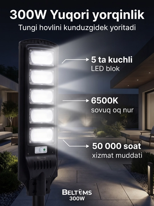 Quyosh panelli ko'cha chirog'i Beltoms 300W 6500K pultli fonar, taymerli simsiz projektori