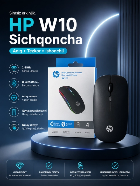 Беспроводная мышь HP W10 с Bluetooth 5.1 и 2.4GHz Dual Mode, аккумулятор Type-C - 
