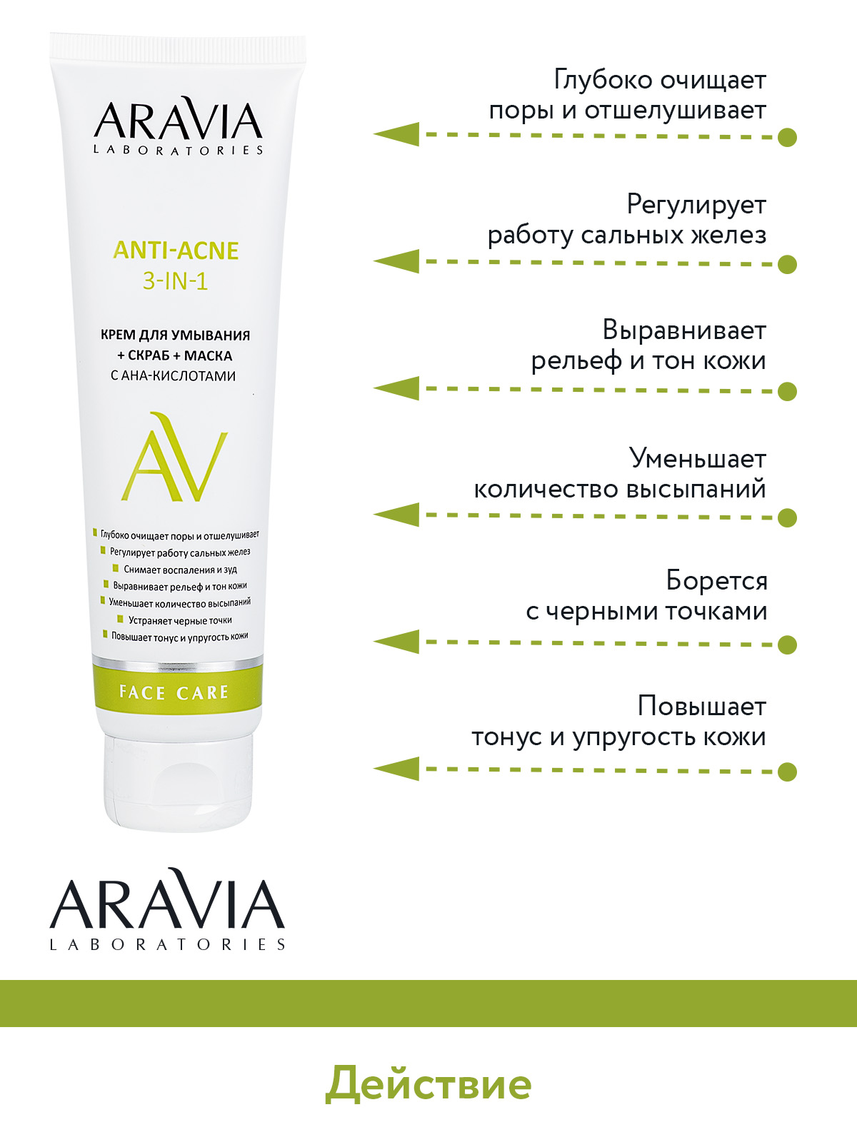ARAVIA Laboratories Крем для умывания + скраб + маска против акне с AHA-кислотами, 100 мл