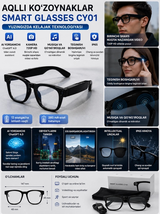 Sun’iy intellekt, Bluetooth, HD kamera va suvga chidamli CY01 aqlli ko‘zoynaklari