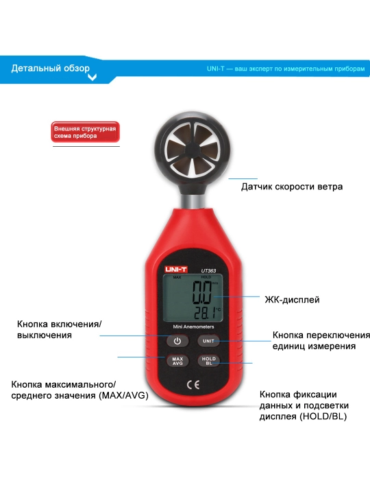 UNI-T UT363 ixcham anemometr, havo tezligi 0–30 m/s, harorat -10…50 °C