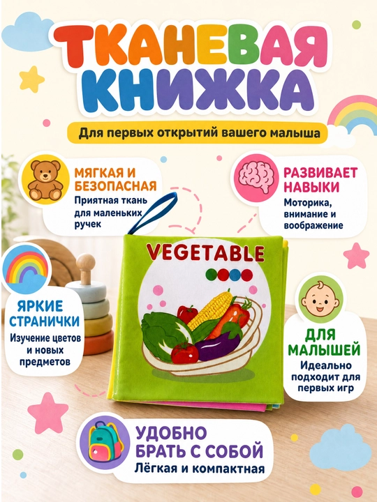 Kichkintoylar uchun yumshoq matoli rivojlantiruvchi kitobcha, inglizcha so‘zlar - 