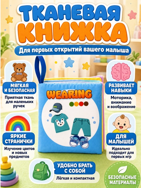 Kichkintoylar uchun yumshoq matoli rivojlantiruvchi kitobcha, inglizcha so‘zlar - 