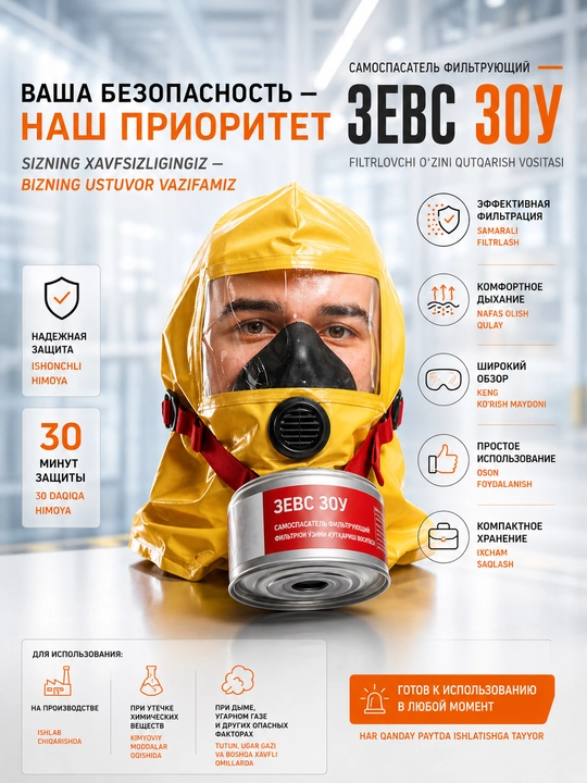 Yuqori samarali filtrlovchi o‘zini qutqarish vositasi ZEVS 30U, 30 daqiqa himoya