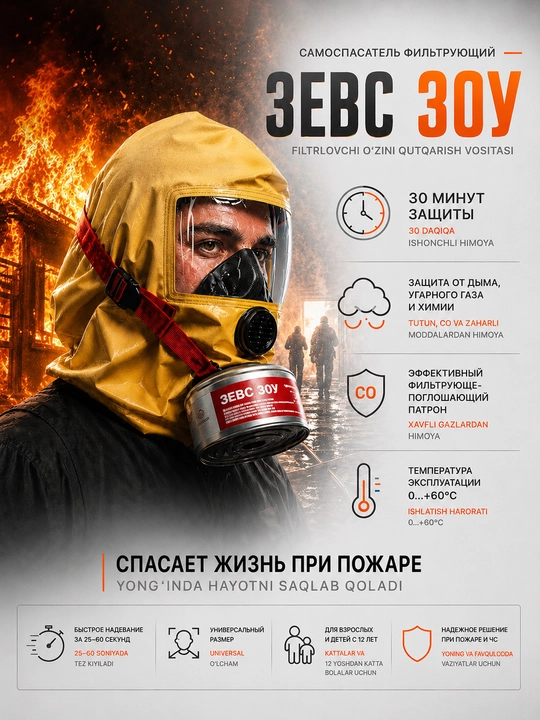 Yuqori samarali filtrlovchi o‘zini qutqarish vositasi ZEVS 30U, 30 daqiqa himoya
