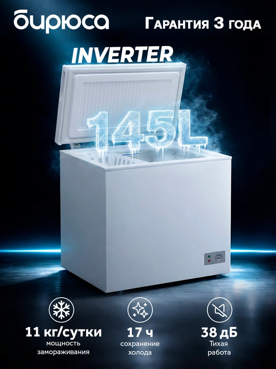 Biryusa 155KVS yopiq qopqoqli muzlatgich, hajmi 145 L, invertor kompressor - 