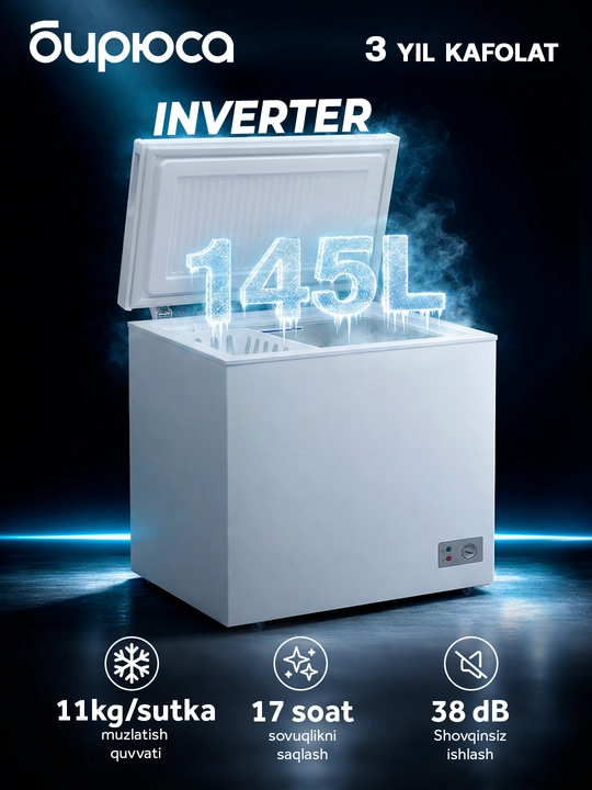 Biryusa 155KVS yopiq qopqoqli muzlatgich, hajmi 145 L, invertor kompressor